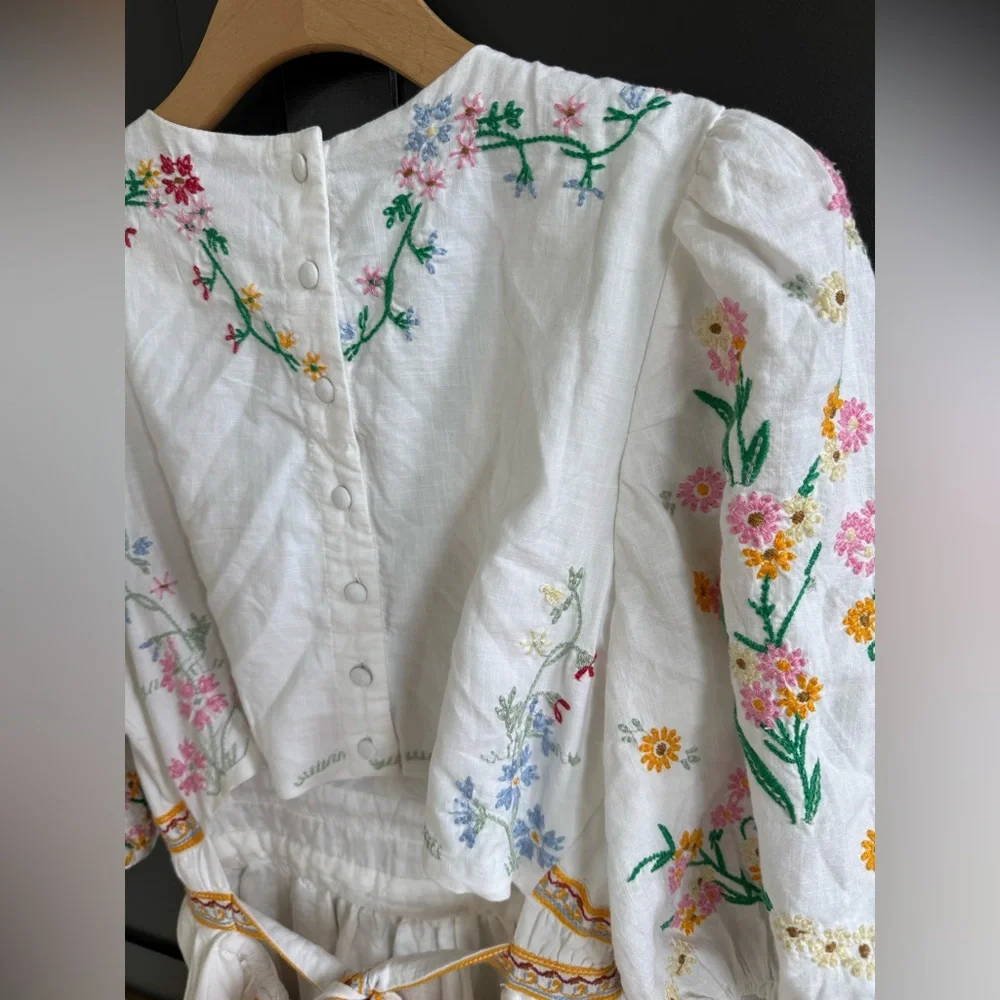 Anthropologie Deep V White Cotton Dress with Colorful Floral Embroidery • L - Picture 8 of 17